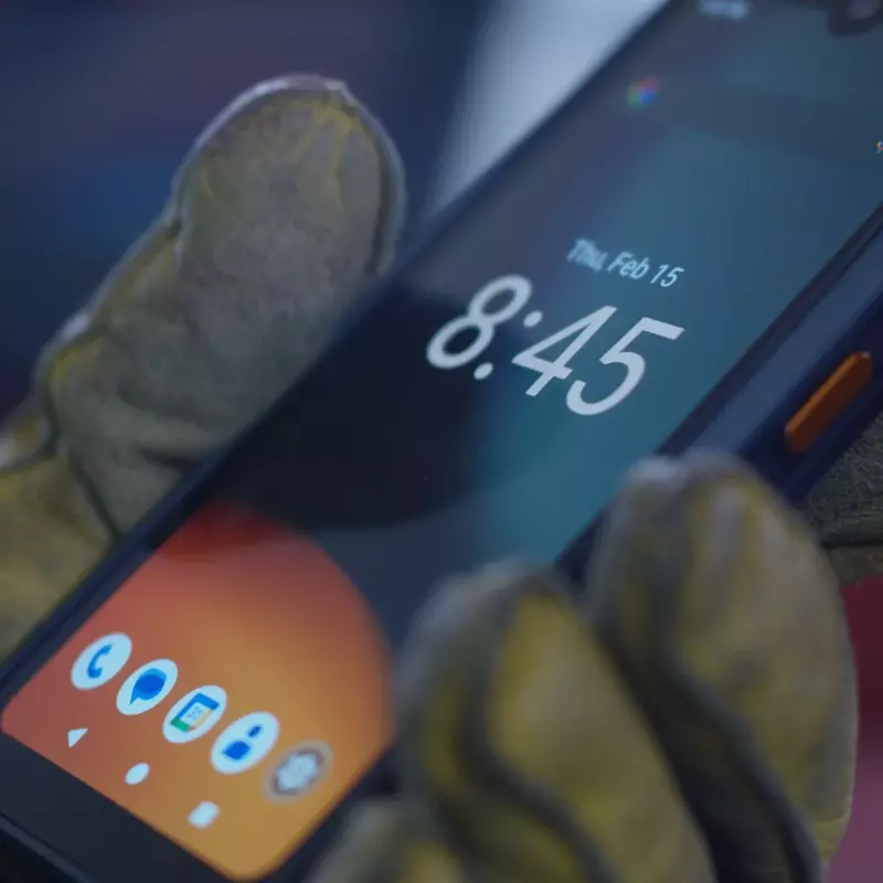 SP9 EX1 smartphone or SC9 EX1 smartscanner in a hand with glove SP9 EX1 smartphone or SC9 EX1 smartscanner in a hand with glove